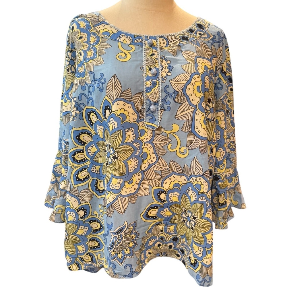 Avenue Womens Plus Size 22/24 Blue Floral Mandala Bell Sleeve Tunic‎ Top